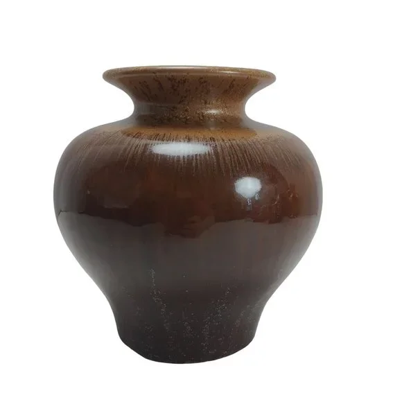 Brown Drip Glazed Pottery Art Vase 6.5" Home Decor - Picture 1 of 8